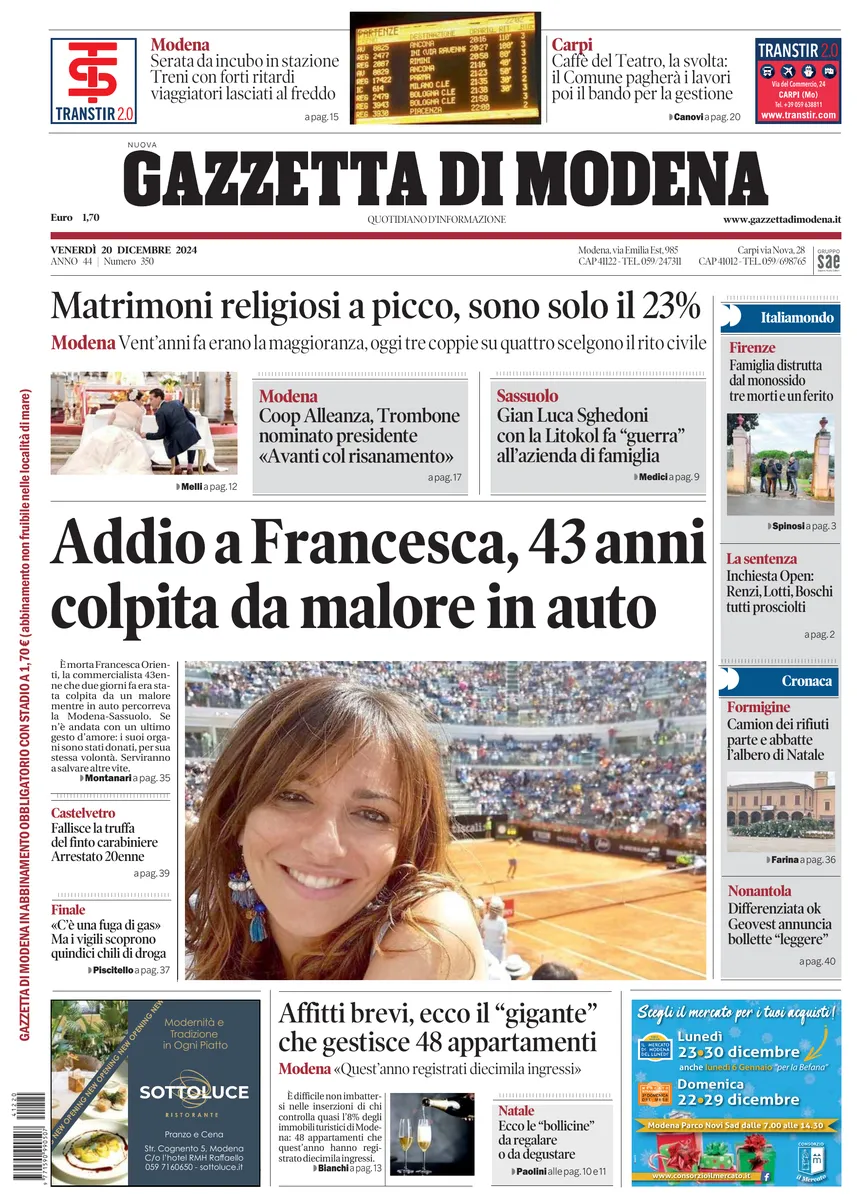 Prima-pagina-gazzetta di modena-oggi-edizione-del-2024-12-20